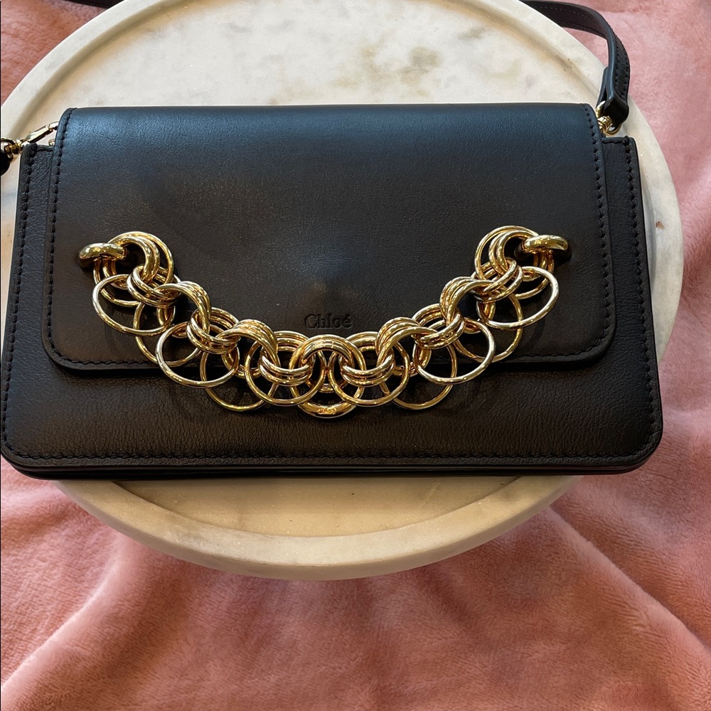 Chloe Black Crossbody Bag with Gold Chain Accent - Picture 2 of 15